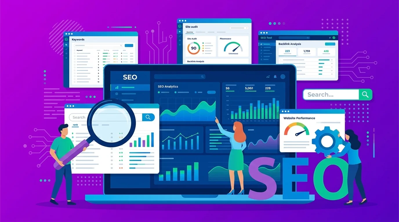 SEO-analyseverktøy på dataskjerm med grafer og rangeringsstatistikk