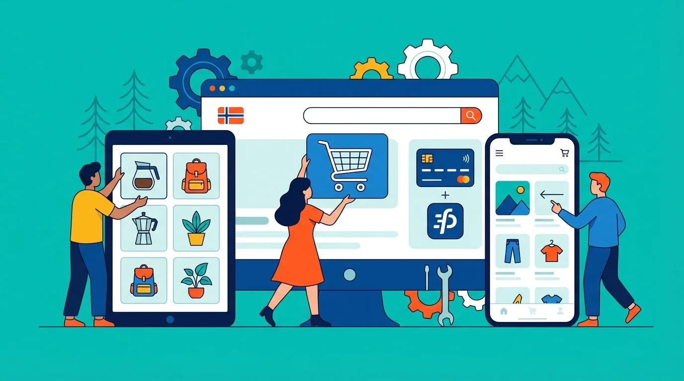 Moderne nettbutikk-grensesnitt vist på flere enheter med norsk design