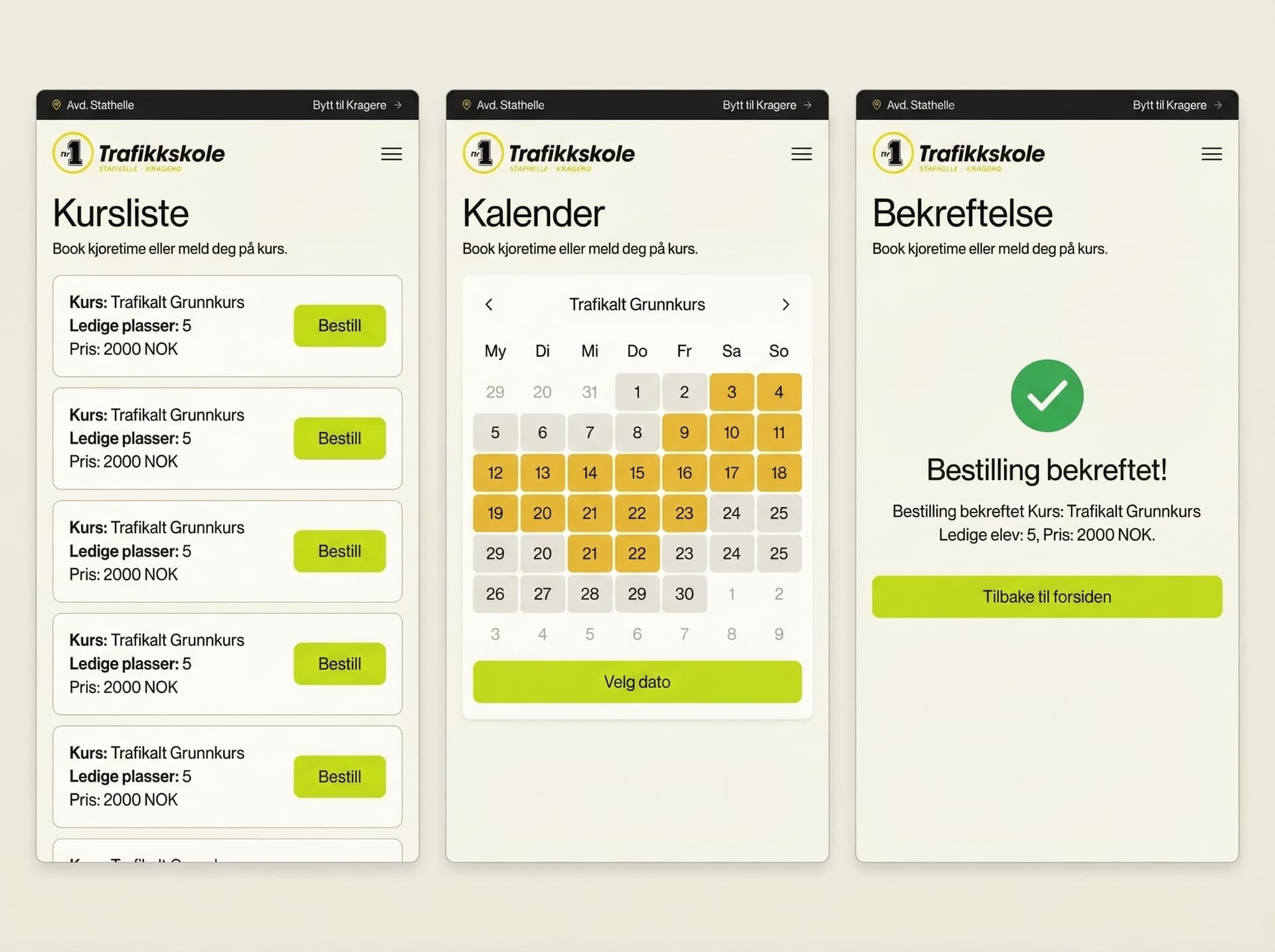 Booking-flyten – kursvisning, kalender og bekreftelse